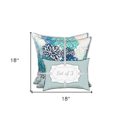 Set Of Three 18" X 18" Blue And White Blown Seam Floral Throw Indoor Outdoor Pillow