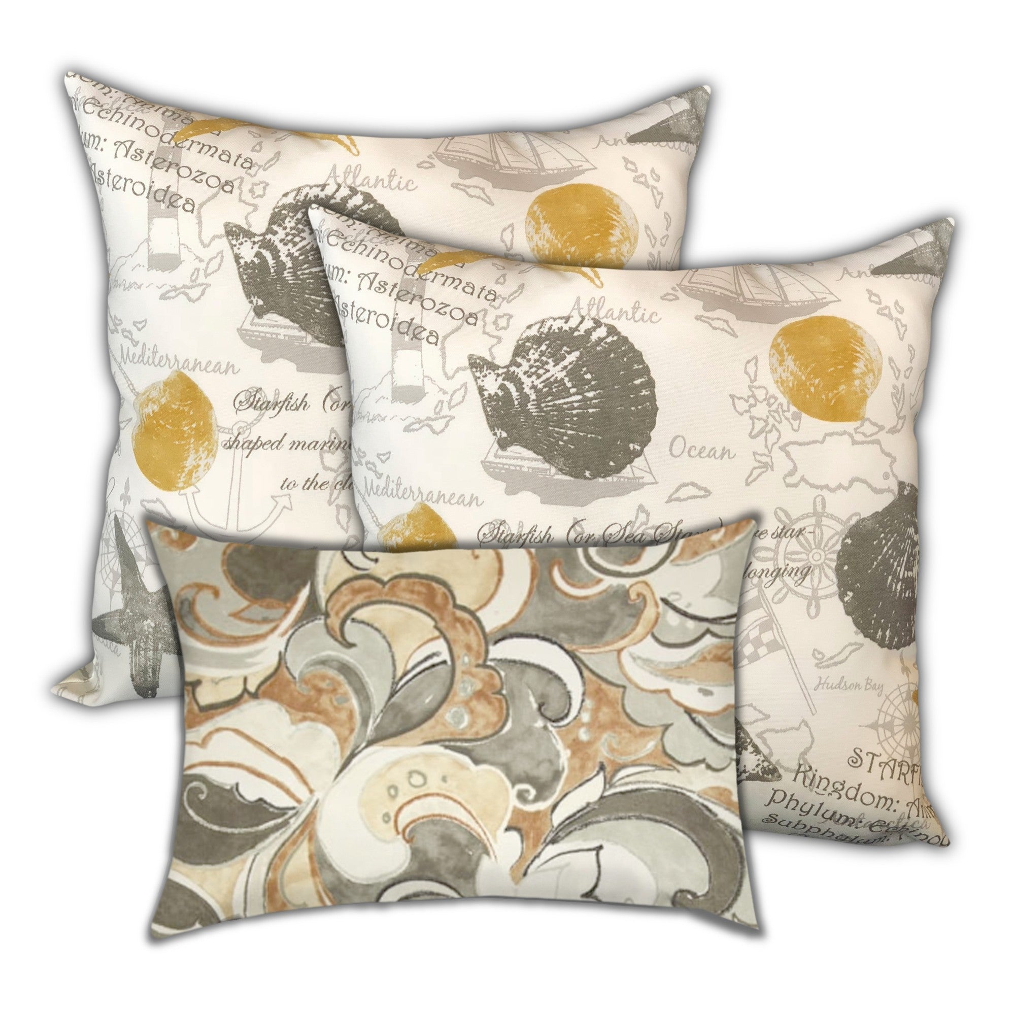 Set Of Three 18" X 18" White And Beige Seashells Zippered Nautical Throw Indoor Outdoor Pillow