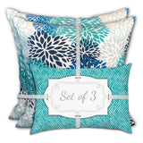 Set Of Three 18" X 18" Blue And White Zippered Floral Throw Indoor Outdoor Pillow