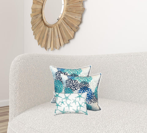 Set Of Three 18" X 18" Blue And White Zippered Floral Throw Indoor Outdoor Pillow