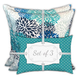 Set Of Three 18" X 18" Blue And White Zippered Floral Throw Indoor Outdoor Pillow