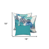 Set Of Three 18" X 18" Blue And White Zippered Floral Throw Indoor Outdoor Pillow