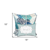 Set Of Three 18" X 18" Blue And White Zippered Floral Throw Indoor Outdoor Pillow