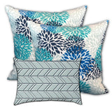 Set Of Three 18" X 18" Blue And White Zippered Floral Throw Indoor Outdoor Pillow