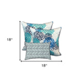 Set Of Three 18" X 18" Blue And White Zippered Floral Throw Indoor Outdoor Pillow