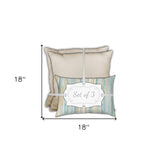 Set Of Three 18" X 18" Tan And Seafoam Zippered Solid Color Throw Indoor Outdoor Pillow