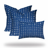 Set Of Three 20" X 20" Blue And White Enveloped Gingham Throw Indoor Outdoor Pillow