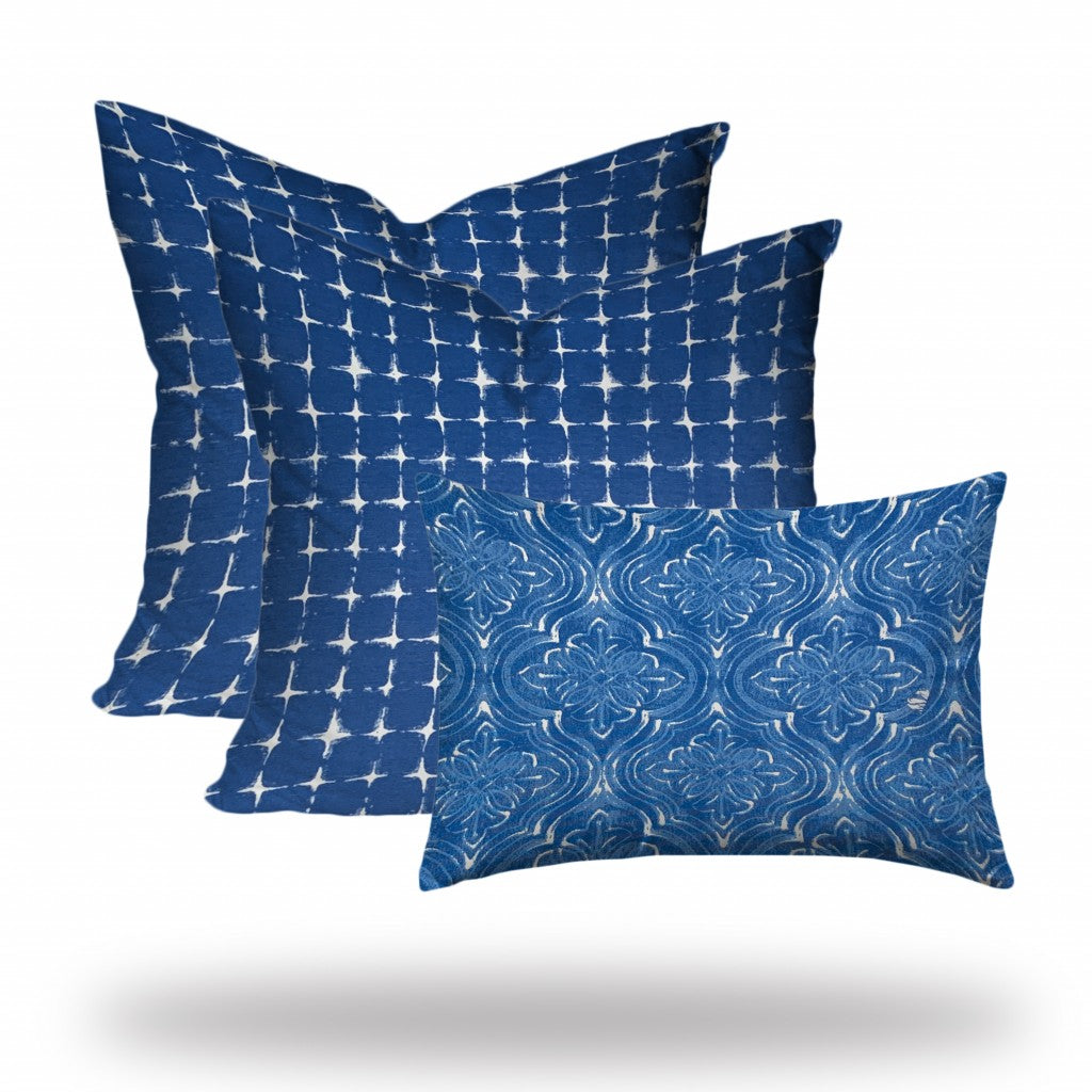 Set Of Three 20" X 20" Blue And White Zippered Gingham Throw Indoor Outdoor Pillow Cover