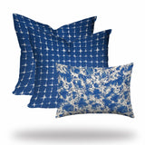 Set Of Three 20" X 20" Blue And White Enveloped Coastal Throw Indoor Outdoor Pillow