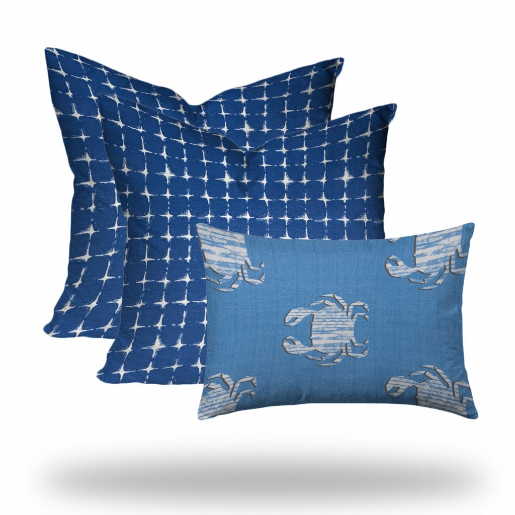 Set Of Three 20" X 20" Blue And White Enveloped Coastal Throw Indoor Outdoor Pillow Cover