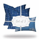 Set Of Three 20" X 20" Blue And White Enveloped Coastal Throw Indoor Outdoor Pillow Cover