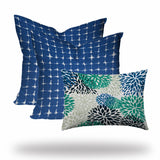 Set Of Three 20" X 20" Blue And White Blown Seam Floral Throw Indoor Outdoor Pillow