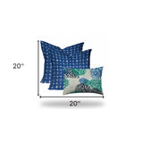 Set Of Three 20" X 20" Blue And White Blown Seam Floral Throw Indoor Outdoor Pillow