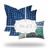 Set Of Three 20" X 20" Blue And White Enveloped Floral Throw Indoor Outdoor Pillow