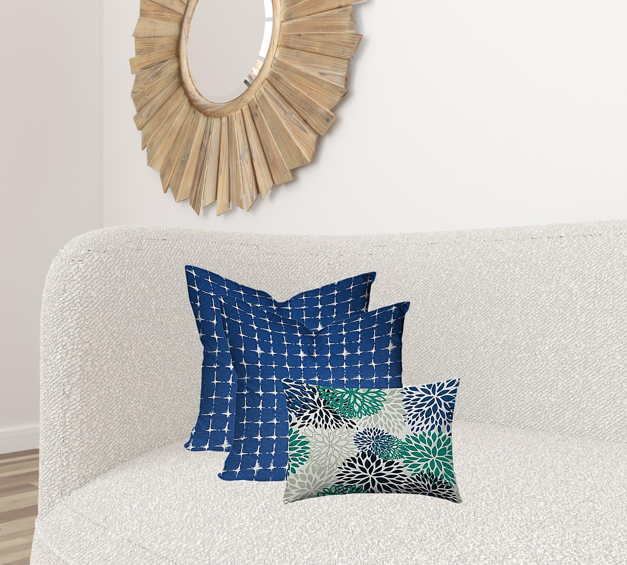 Set Of Three 20" X 20" Blue And White Enveloped Floral Throw Indoor Outdoor Pillow