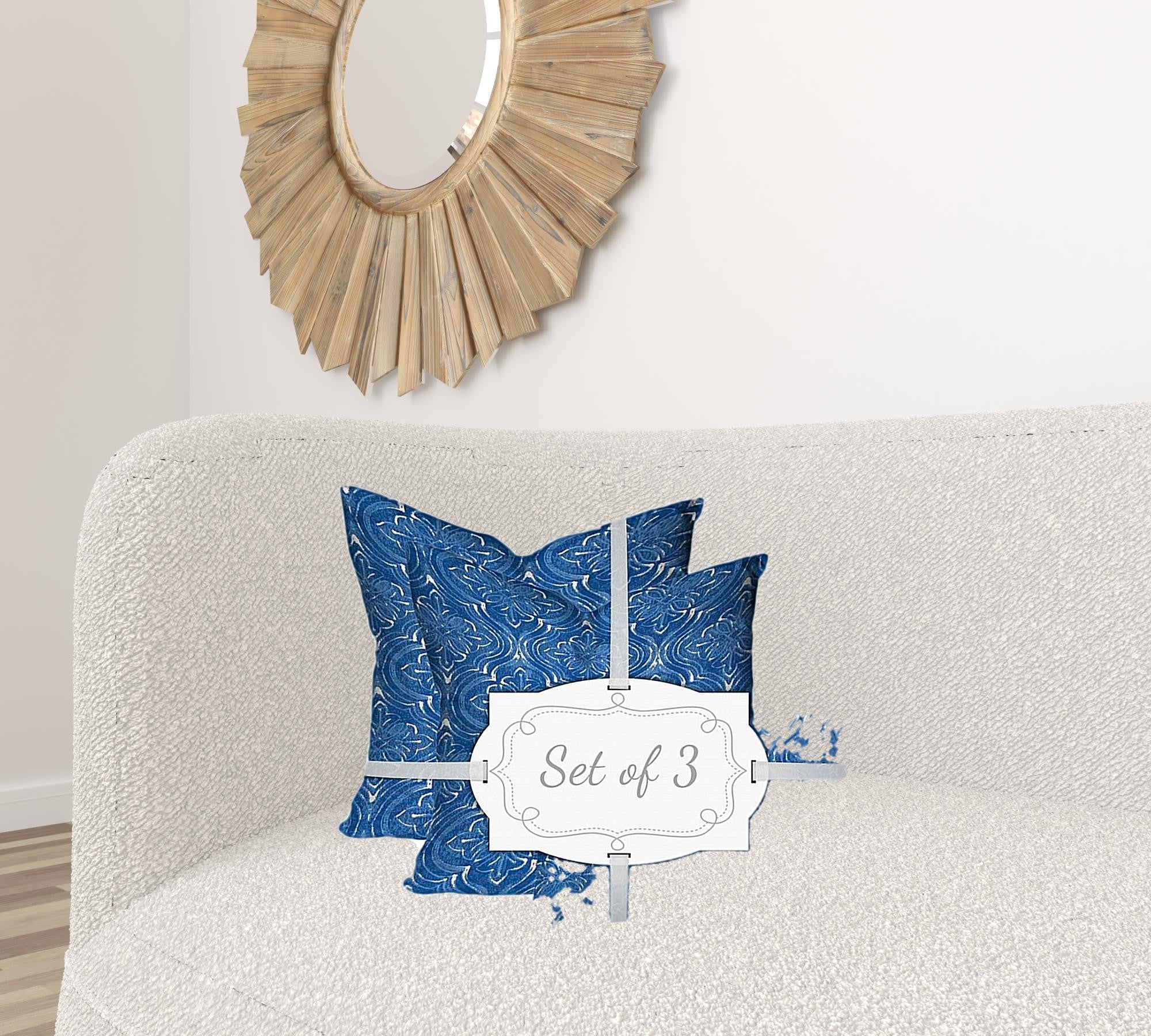 Set Of Three 20" X 20" Blue And White Enveloped Coastal Throw Indoor Outdoor Pillow Cover