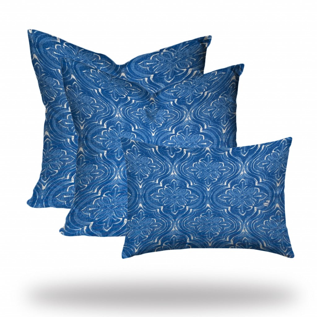 Set Of Three 20" X 20" Blue And White Zippered Coastal Throw Indoor Outdoor Pillow Cover