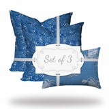 Set Of Three 20" X 20" Blue And White Zippered Coastal Throw Indoor Outdoor Pillow Cover