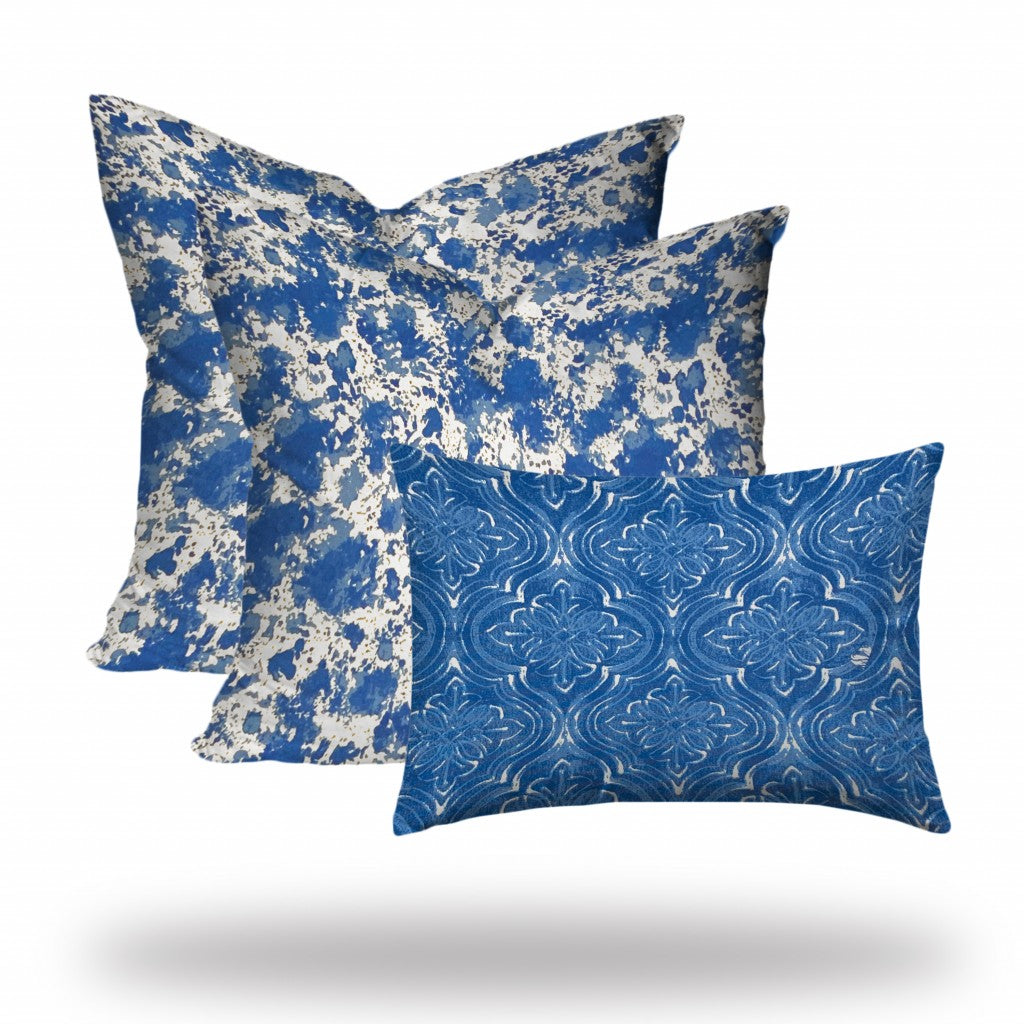 Set Of Three 20" X 20" Blue And White Enveloped Coastal Throw Indoor Outdoor Pillow Cover