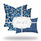 Set of 3 Blue Geo Star Indoor Outdoor Sewn Pillows