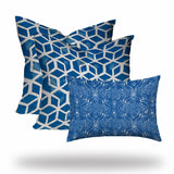 Set Of Three 20" X 20" Blue And White Blown Seam Geometric Throw Indoor Outdoor Pillow