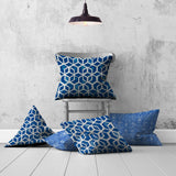 Set Of Three 20" X 20" Blue And White Blown Seam Geometric Throw Indoor Outdoor Pillow