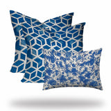 Set Of Three 20" X 20" Blue And White Blown Seam Geometric Throw Indoor Outdoor Pillow