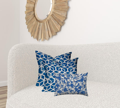 Set Of Three 20" X 20" Blue And White Blown Seam Geometric Throw Indoor Outdoor Pillow