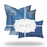 Set Of Three 20" X 20" Blue And White Crab Zippered Coastal Throw Indoor Outdoor Pillow Cover