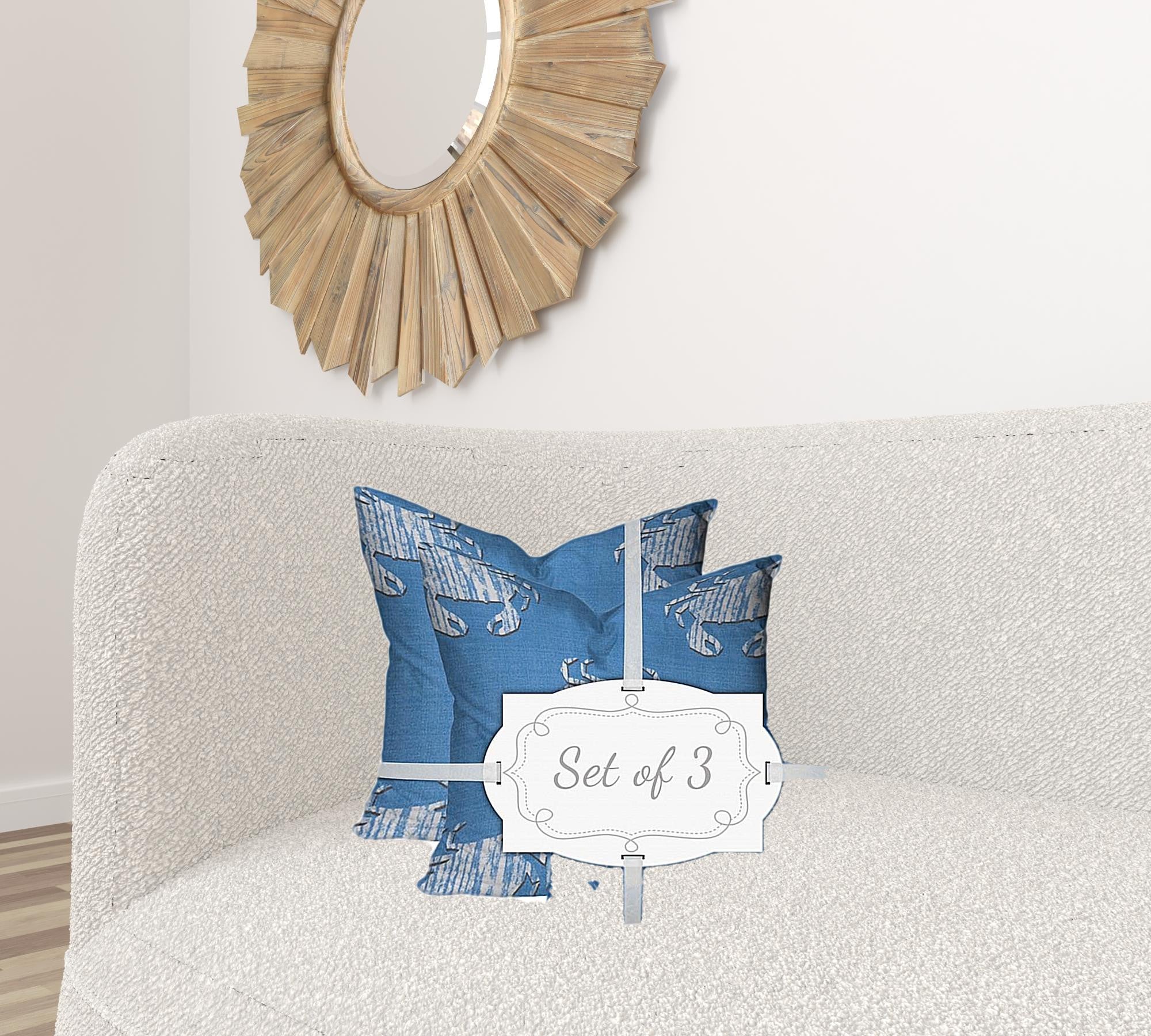 Set Of Three 20" X 20" Blue And White Crab Enveloped Coastal Throw Indoor Outdoor Pillow Cover