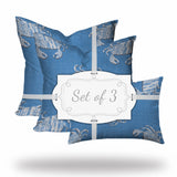 Set Of Three 20" X 20" Blue And White Crab Zippered Coastal Throw Indoor Outdoor Pillow Cover