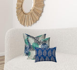 Set Of Three 20" X 20" Blue And White Blown Seam Floral Throw Indoor Outdoor Pillow