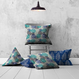 Set Of Three 20" X 20" Blue And White Enveloped Floral Throw Indoor Outdoor Pillow Cover