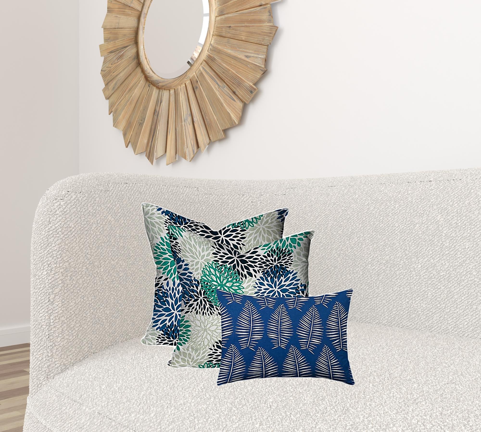 Set Of Three 20" X 20" Blue And White Enveloped Floral Throw Indoor Outdoor Pillow Cover