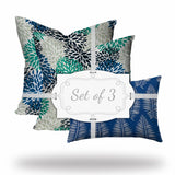 Set Of Three 20" X 20" Blue And White Enveloped Floral Throw Indoor Outdoor Pillow