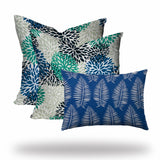 Set Of Three 20" X 20" Blue And White Zippered Floral Throw Indoor Outdoor Pillow Cover