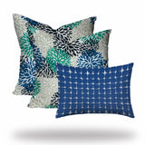 Set Of Three 20" X 20" Blue And White Blown Seam Floral Throw Indoor Outdoor Pillow