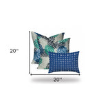 Set Of Three 20" X 20" Blue And White Blown Seam Floral Throw Indoor Outdoor Pillow