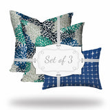 Set Of Three 20" X 20" Blue And White Enveloped Floral Throw Indoor Outdoor Pillow Cover