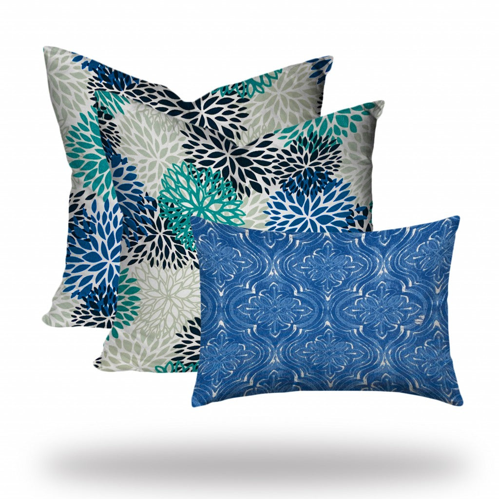 20" X 20" Blue And White Enveloped Floral Throw Indoor Outdoor Pillow Cover