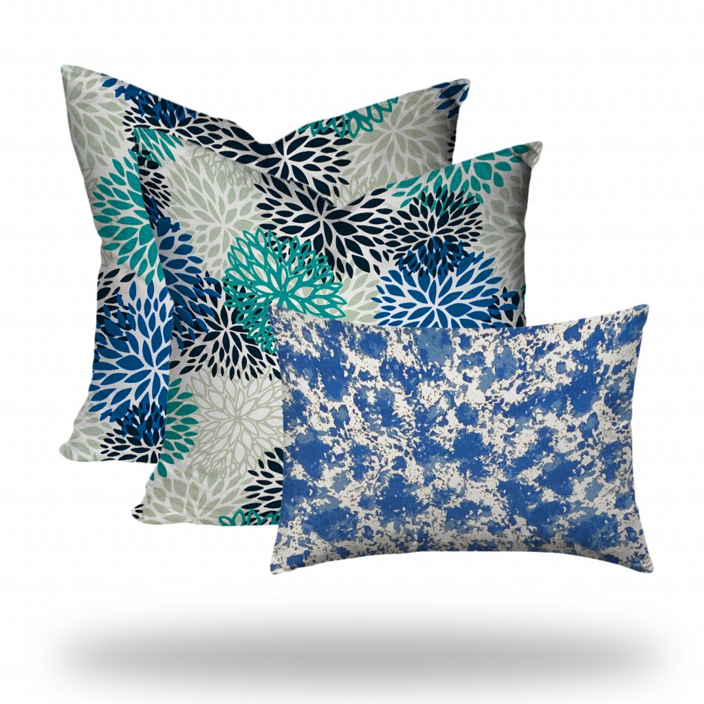 20" X 20" Blue And White Blown Seam Floral Throw Indoor Outdoor Pillow