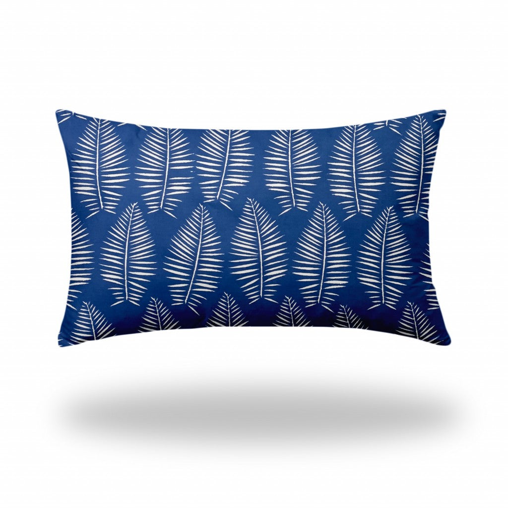 16" X 26" Blue And White Enveloped Tropical Lumbar Indoor Outdoor Pillow Cover