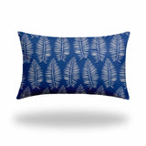 16" X 26" Blue And White Blown Seam Tropical Lumbar Indoor Outdoor Pillow