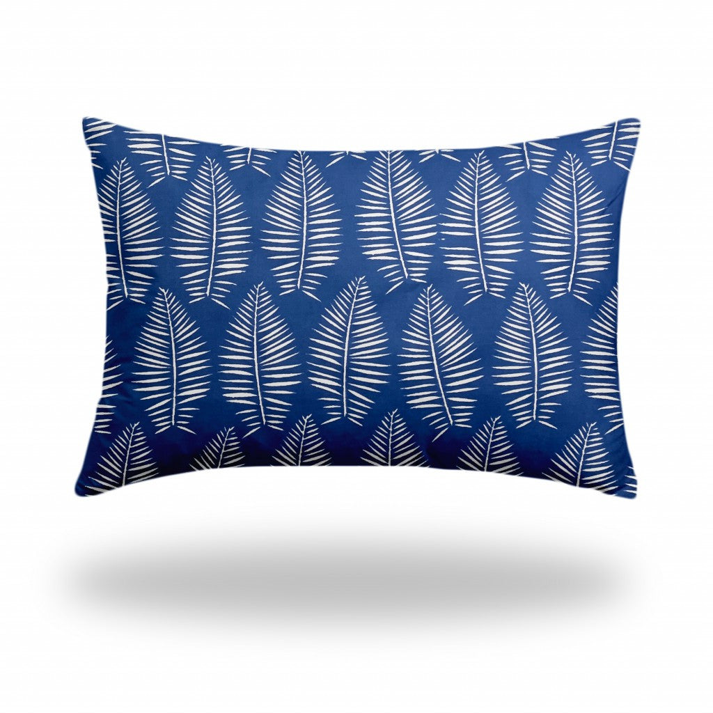 24" X 36" Blue And White Blown Seam Tropical Lumbar Indoor Outdoor Pillow