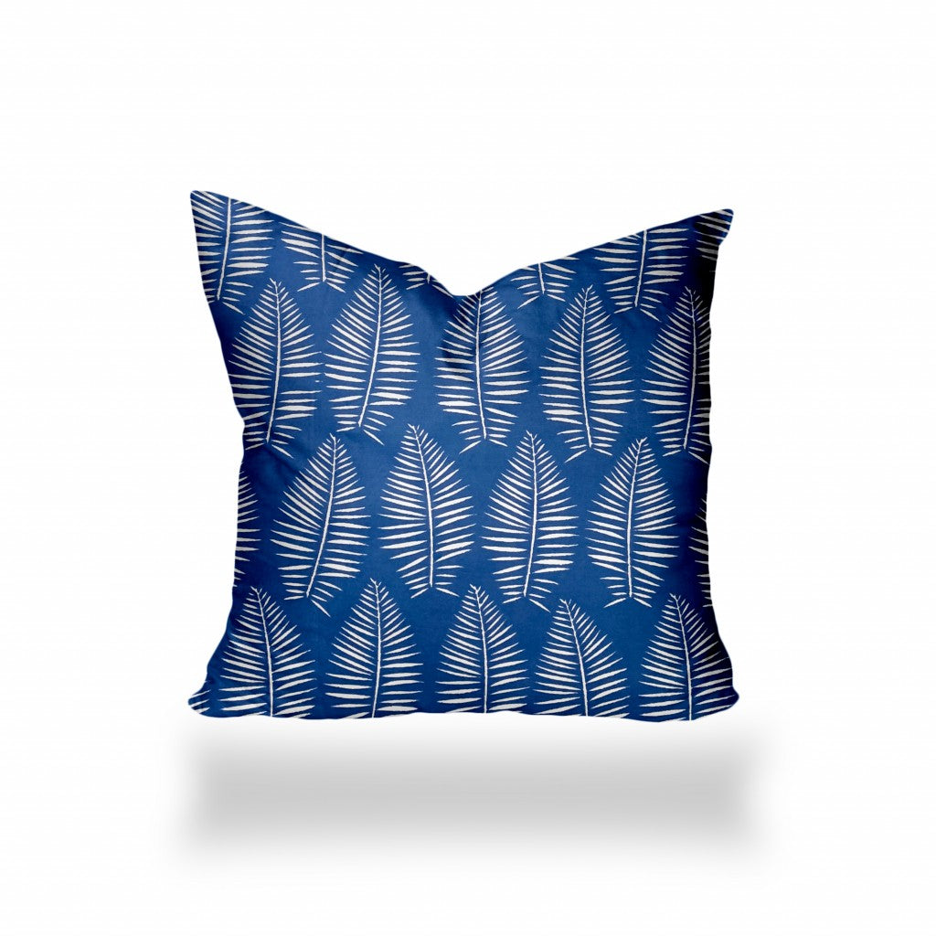 22" X 22" Blue And White Blown Seam Tropical Throw Indoor Outdoor Pillow