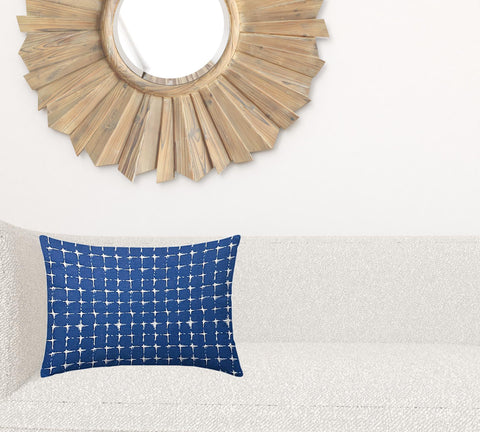 14" X 20" Blue And White Enveloped Gingham Lumbar Indoor Outdoor Pillow