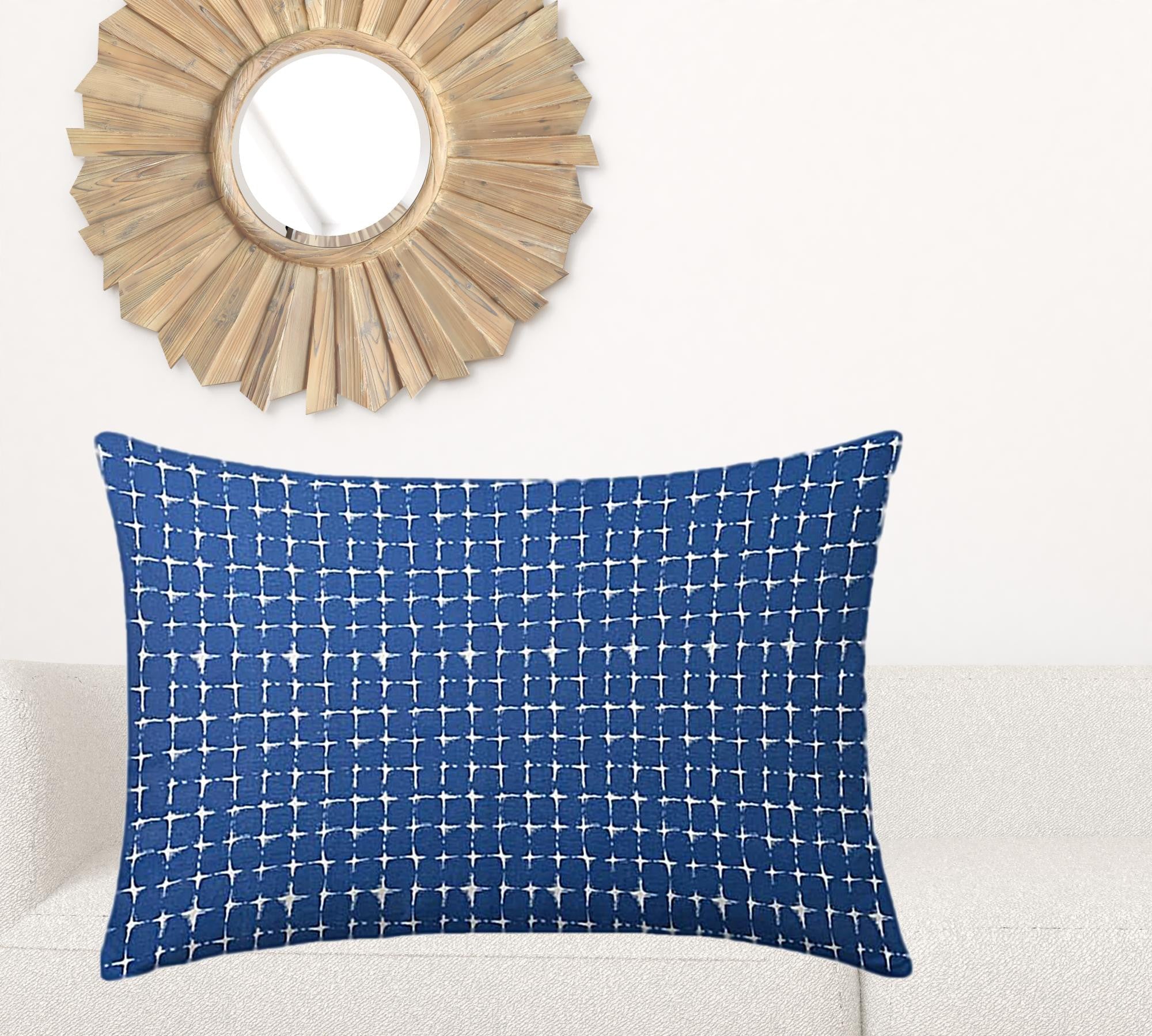 24" X 36" Blue And White Enveloped Gingham Lumbar Indoor Outdoor Pillow Cover