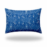 12" X 18" Blue And White Enveloped Ikat Lumbar Indoor Outdoor Pillow