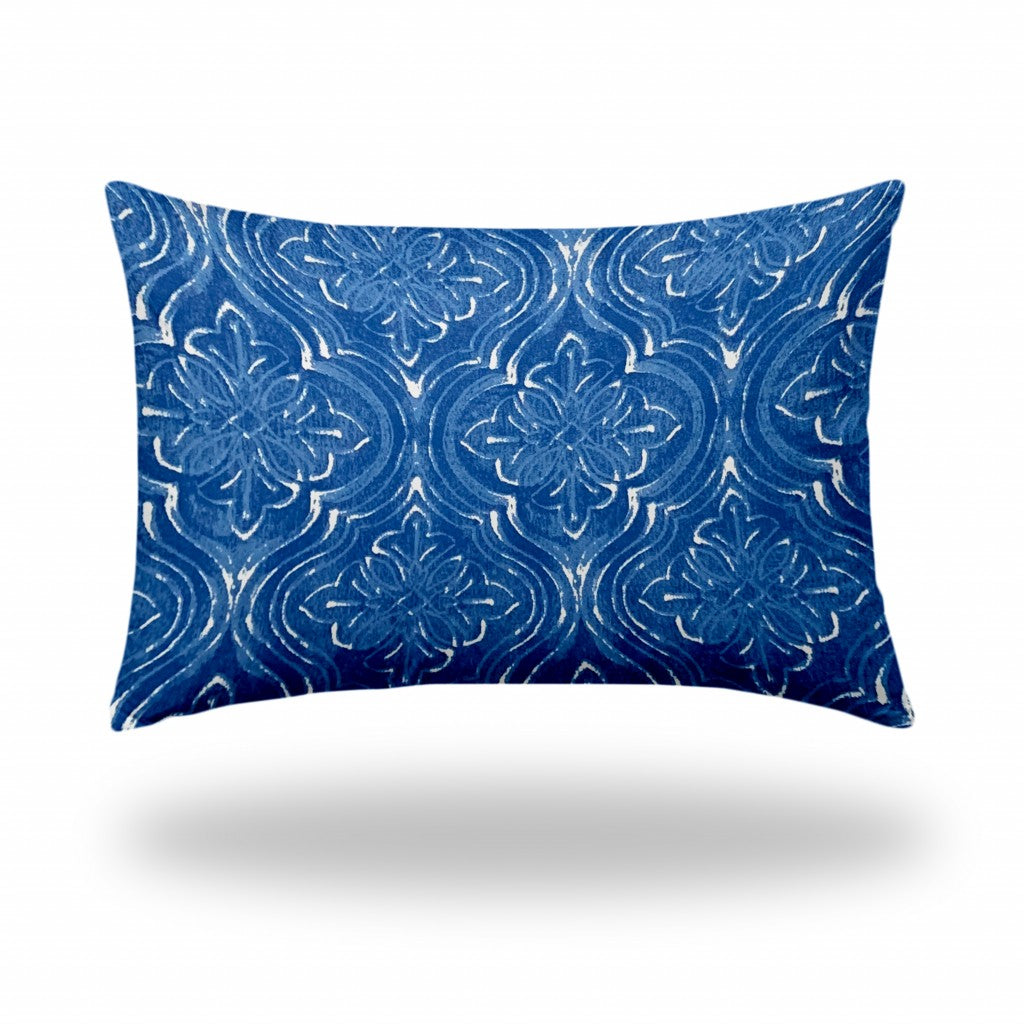 12" X 18" Blue And White Zippered Ogee Lumbar Indoor Outdoor Pillow Cover