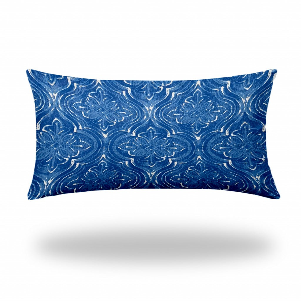 14" X 24" Blue And White Blown Seam Ikat Lumbar Indoor Outdoor Pillow